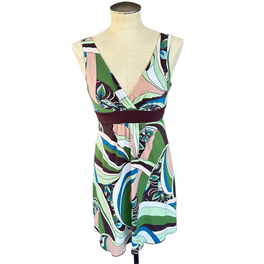 Iz Byer California Vintage Y2K Groovy Fairycore V-Neck Green/Brown Dress Size S